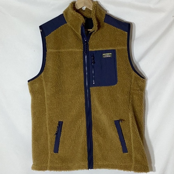 NWT Mens L.L.BEAN Sherpa Vest Antique Gold With Navy Size XL Tall - Picture 2 of 9